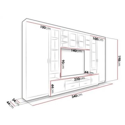 PARIS Wohnwand 340 cm | Wohnzimmermöbel Set mit Vitrine & TV-Schrank